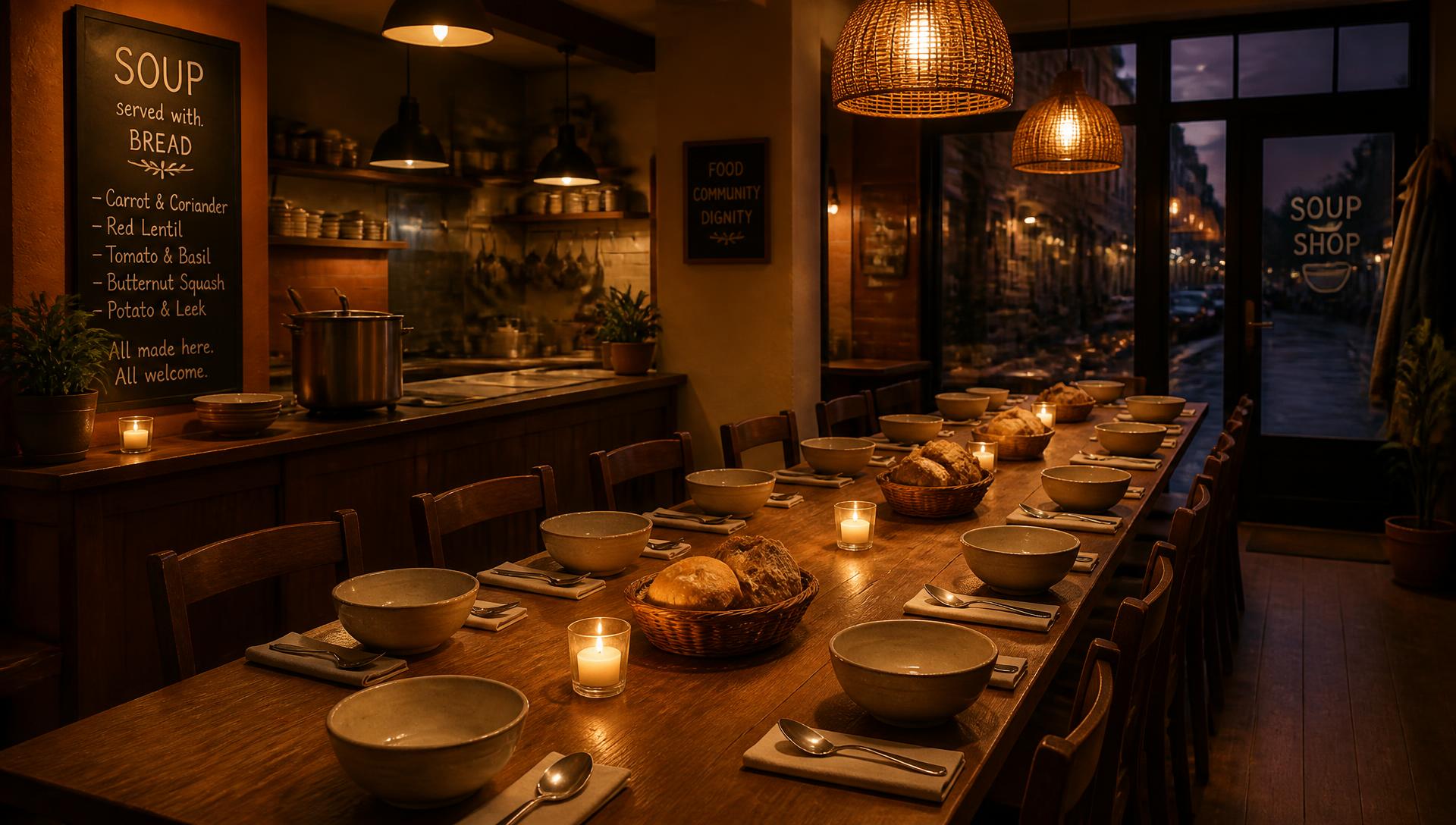 A long communal table set with bowls, bread and candles at dusk