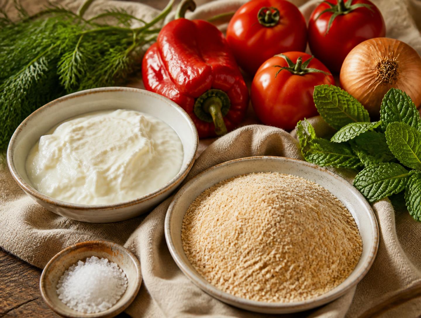 Flour, yogurt, tomatoes, peppers, onion and fresh mint laid out for tarhana