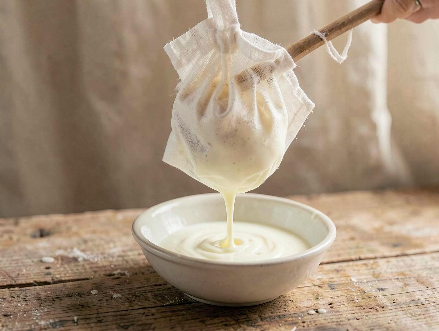 Straining — Hung in cloth bags until thick and concentrated.